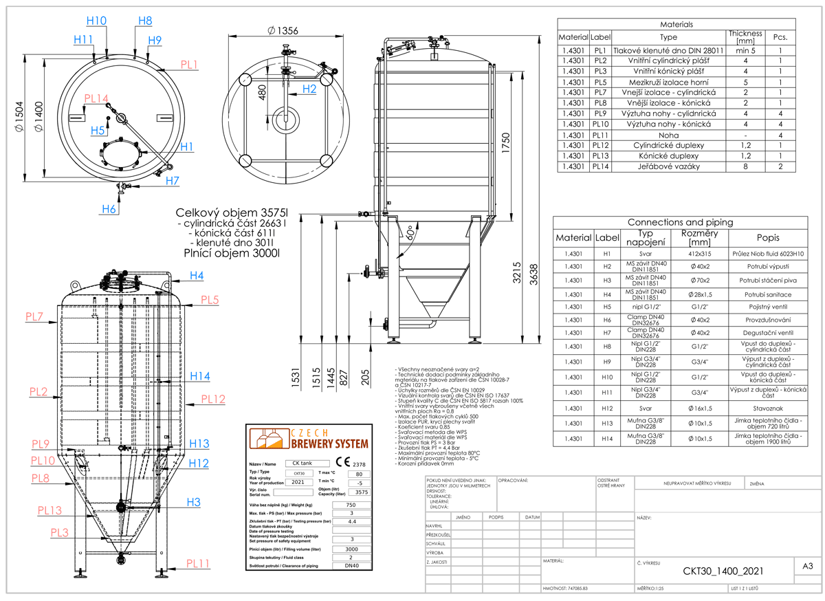 CCT-3000C-HQ-Cylindrically-conical tank - dimensions and equipment