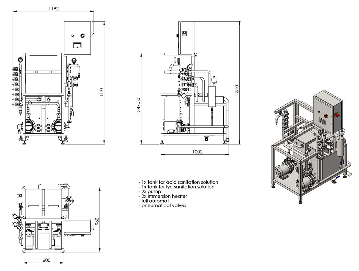 KCA-20D : Machine for the automatic rinsing and filling of kegs 8-20 kegs/hour (with double tank for chemical solutions) KCA 20D dimensions 01 - KCA-20D : Machine for the automatic rinsing and filling of kegs 8-20 kegs/hour (with double tank for chemical solutions) - krf