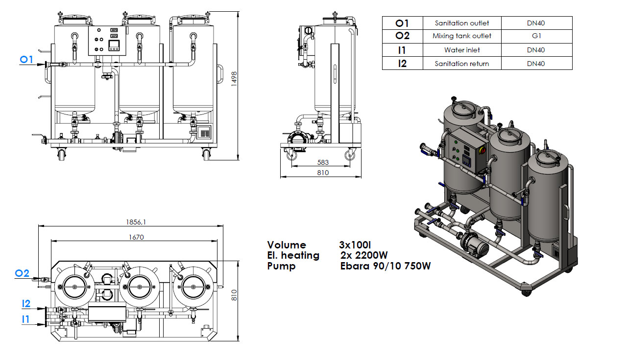 Mobile CIP station 3x100 liters | Cleaning-In-Place machine - description and dimensions