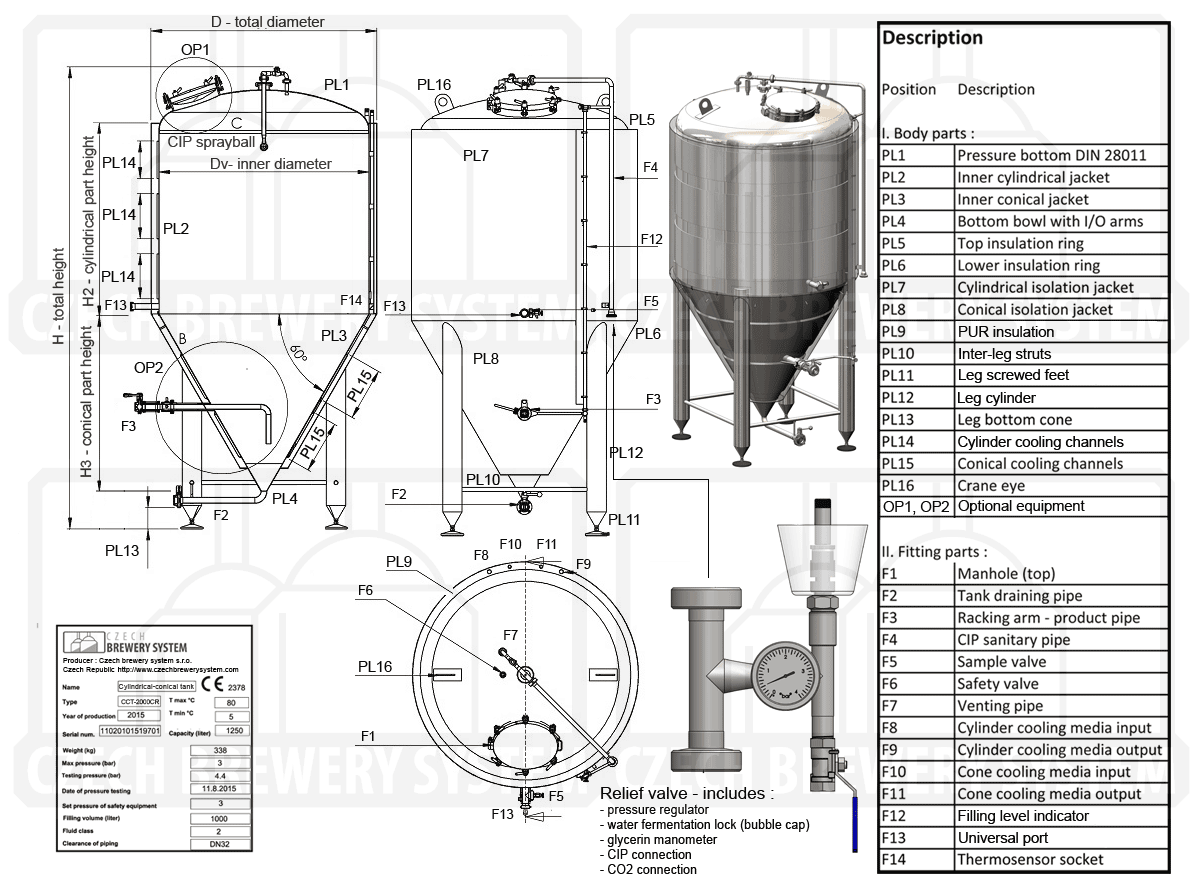 CCT Craft - description and dimensions of the cylindrically-conical fermentor 