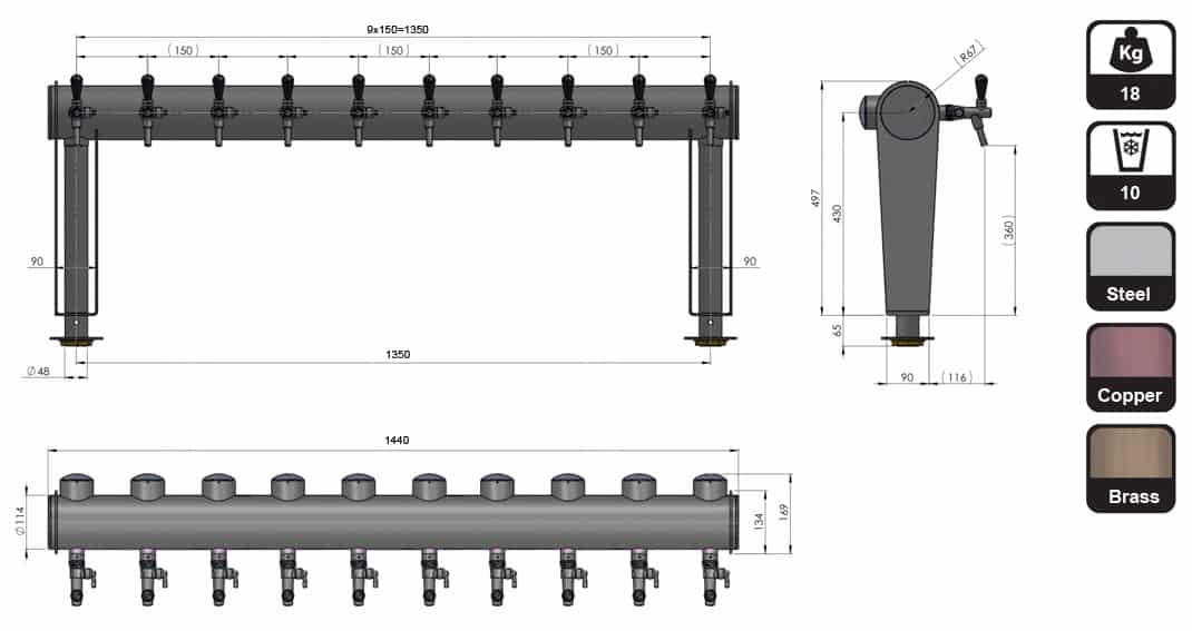 BDT-GT10A : Beverage dispense tower “Beer Gate” with 10pcs of the Aurora beverage taps - dimensions