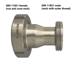 PF-PAD50F25M: Toruadapter (sanitaarkeermega ühendus DIN 11851) sisekeermelt DN50 väliskeermele | AISI 304