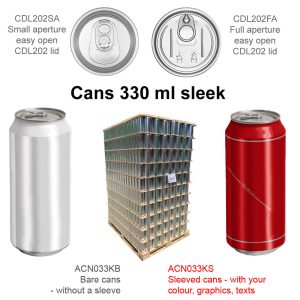 ACN33S-7536 : Aluminium Can For Drinks 330 ml SLEEK, silver with CDL202 lid, without the foil – set of 7536 pcs with lids (full pallet)