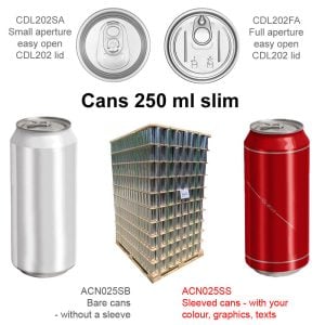 ACN25S-9350 : Aluminium Can For Drinks 250 ml SLIM, silver with CDL200 lid, without the foil – set of 9350 pcs with lids (full pallet)