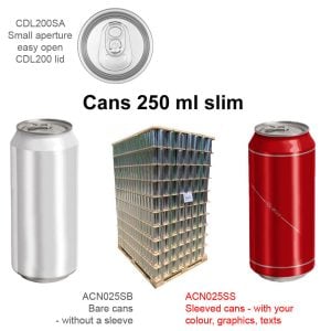 ACN25S-9350 : Aluminium Can For Drinks 250 ml SLIM, silver with CDL200 lid, without the foil – set of 9350 pcs with lids (full pallet)