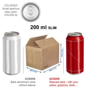 ACN20S-250 : Aluminium Can For Drinks 200 ml SLIM, silver with CDL200 lid, without the foil – set of 250 pcs with lids (in the carton box)