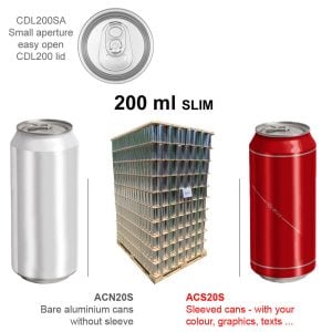 ACN20S-9350 : Aluminium Can For Drinks 200 ml SLIM, silver with CDL200 lid, without the foil – set of 9350 pcs with lids (full pallet)