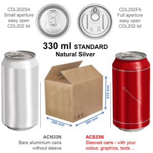 ACS33N-150 : Aluminium Can For Drinks 330 ml, silver with CDL202 lid, sleeved with the advertise foil – set of 150 pcs with lids (in the carton box)