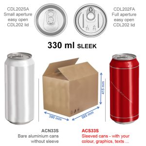 ACS33S-160 : Aluminium Can For Drinks 330 ml SLEEK, silver with CDL202 lid, sleeved with the advertise foil – set of 160 pcs with lids (in the carton box)