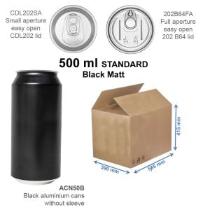 ACN50B-100 : Aluminium Can For Drinks 500 ml STANDARD, black, with CDL/B64/202 lid, without the foil – set of 100 pcs with silver lids (in the carton box)