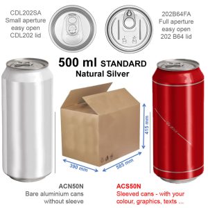 ACS50N-100 : Aluminium Can For Drinks 500 ml, silver with CDL/B64/202 lid, sleeved with the advertise foil – set of 100 pcs with lids (in the carton box)