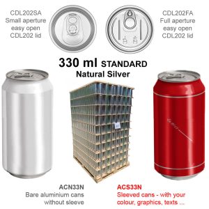 ACN33N-6480 : Aluminium Can For Drinks 330 ml STANDARD, silver, with CDL202 lid, without the foil – set of 6480 pcs with lids (full pallet)