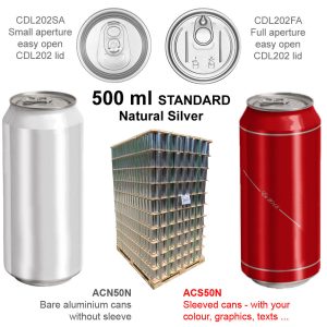 ACN50N-4320 : Aluminium Can For Drinks 500 ml STANDARD, silver, with CDL202 lid, without the foil – set of 4320 pcs with lids (full pallet)