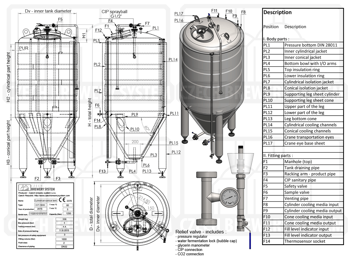 CCT 1000C 2015 description - CCT-250C : Cylindroconical fermentation tank CLASSIC, 0.5-3.0 bar, insulated, 250/300L - ccti, cmti, classic