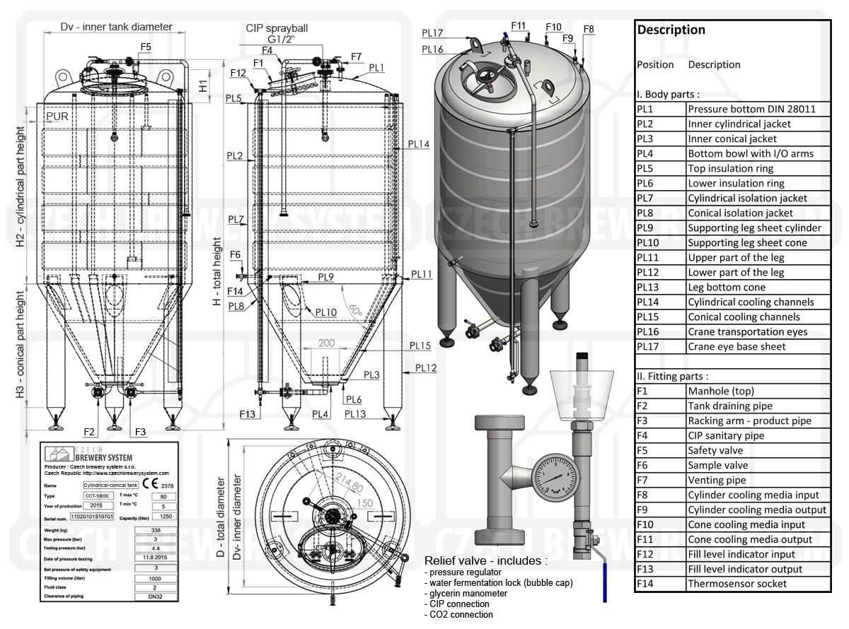 Assembly drawing of the cylindroconical tank CCT-300C (model 2015 / SQ / standard dimensions)