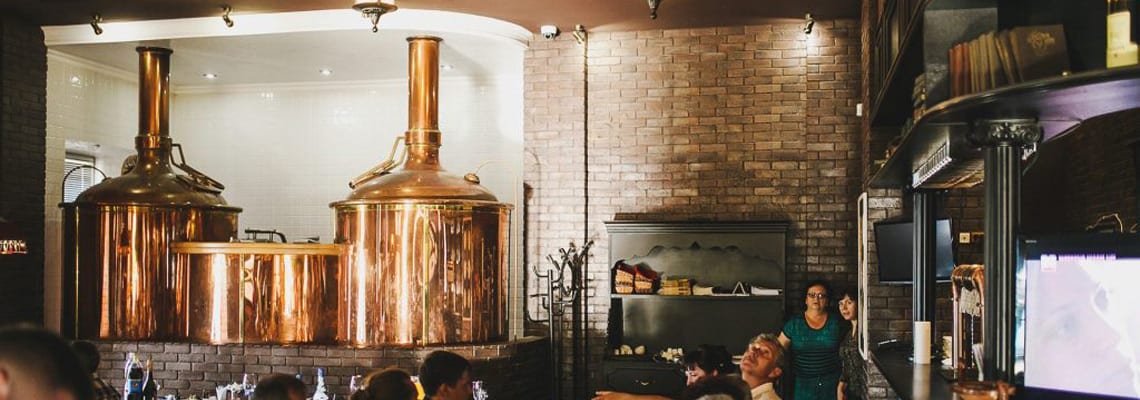 Breworx Classic brewhouse wort machine in the brewery restaurant interior
